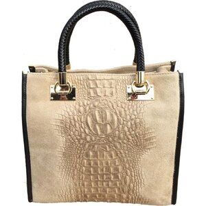 Italian Leather Handbag, Tan Suede and Crocodile-Embossed (Brand New)